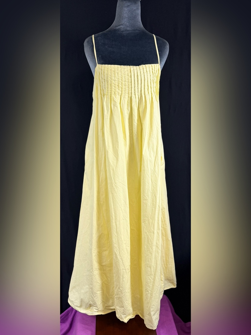 Avatar Soft Yellow Smocked Maxi Dress with Spaghetti Straps Cotton, Lined
